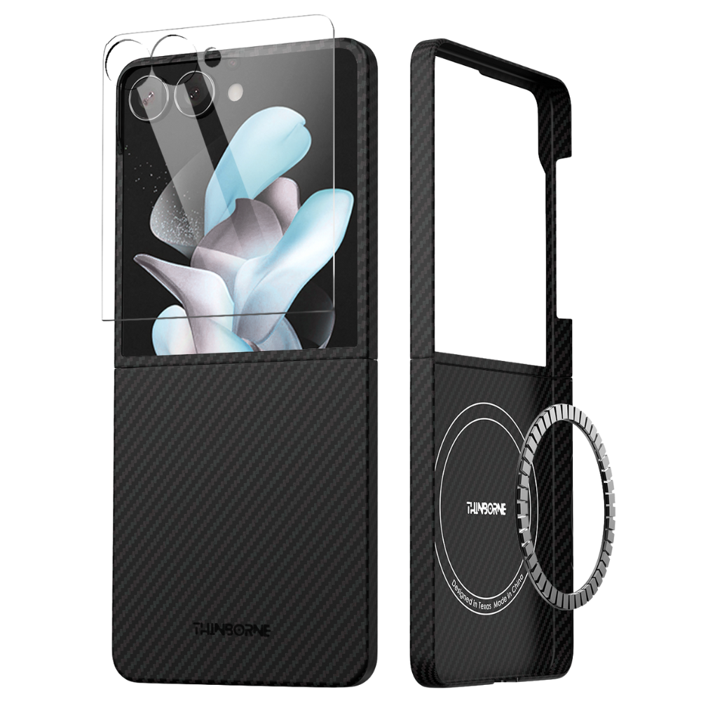 Galaxy Z Flip 7 ケースの分解図。保護ガラス、MagSafe対応リング、カメラ保護フレームが示されている。