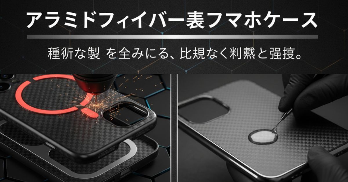 「アラミドファイバー製スマホケース」バナー。レーザー加工でMagSafe部分を彫刻するケースと、職人が手作業で表面コーティングする様子を掲載。技術と高級感を強調。