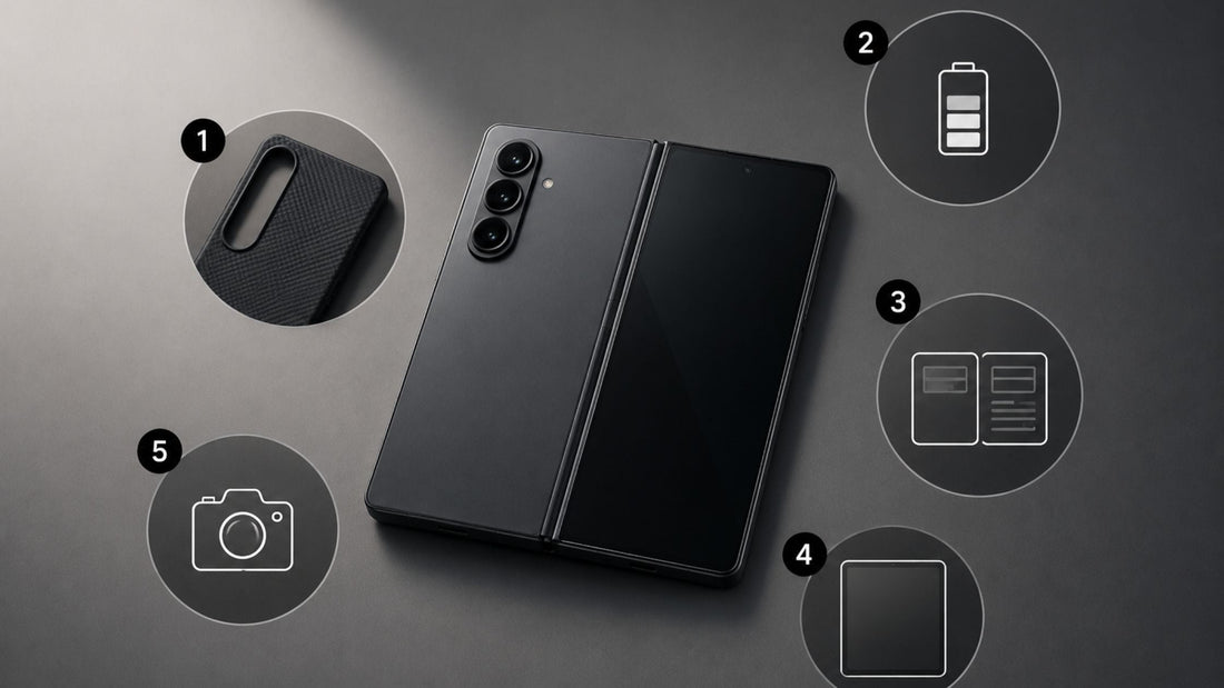 AI image of Galaxy Z Fold 8 Ultra surrounded by icons of phone case, battery, multitasking, inner display, and camera