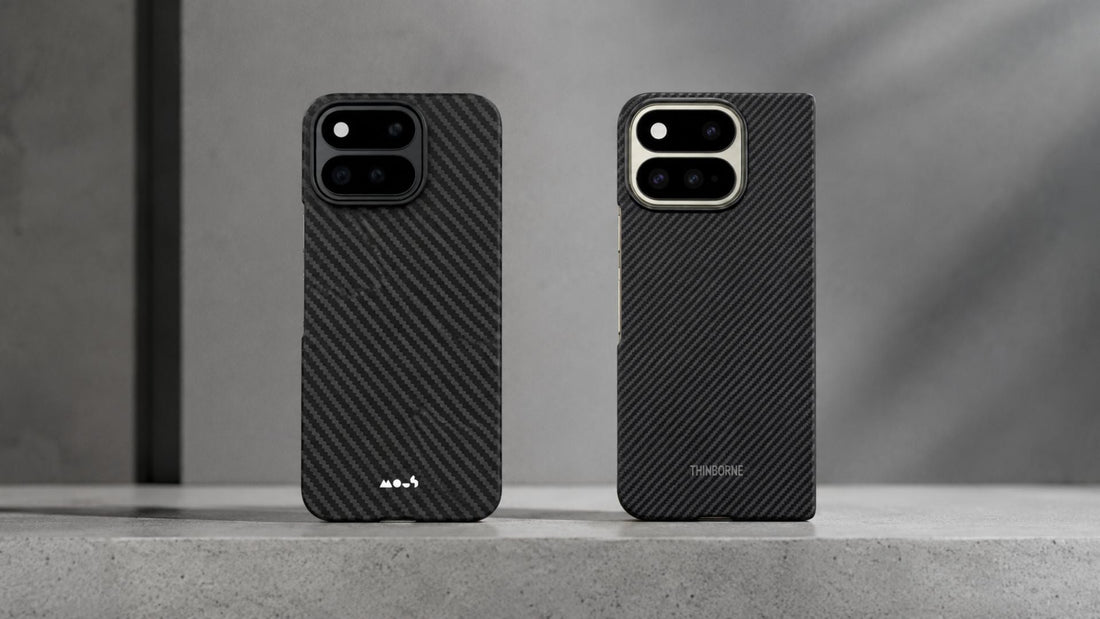 A side-by-side image of ThinBorne and Mous thin aramid fibre case with Pixelsnap for Pixel 11 Pro Fold 