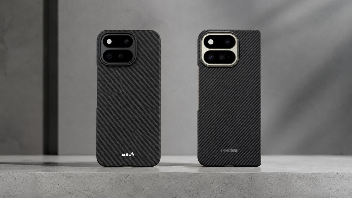 A side-by-side image of ThinBorne and Mous thin aramid fibre case with Pixelsnap for Pixel 11 Pro Fold 