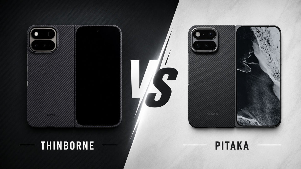 A side-by-side image of ThinBorne and PITAKA Google Pixel 11 Pro Fold case