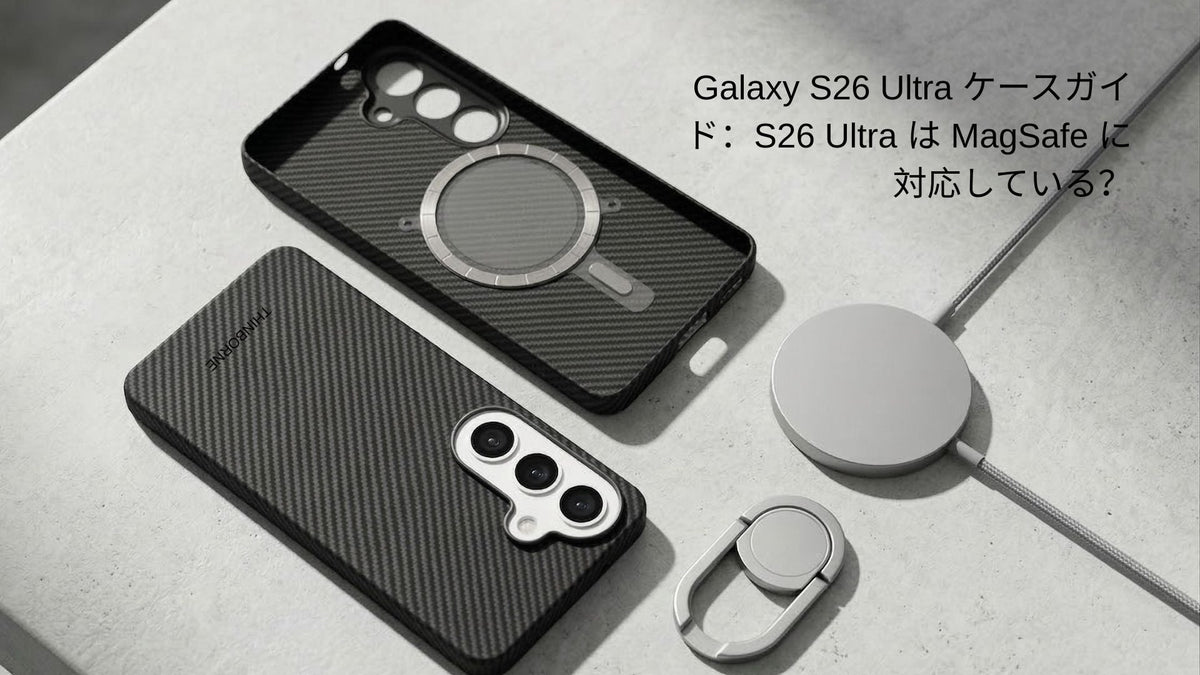 MagSafe充電器とリングスタンドを装着したThinBorne Galaxy S26 Plusケース