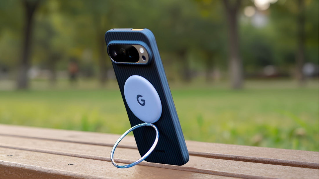 Google Pixel 10 with MagSafe ring standing on a bench outdoors