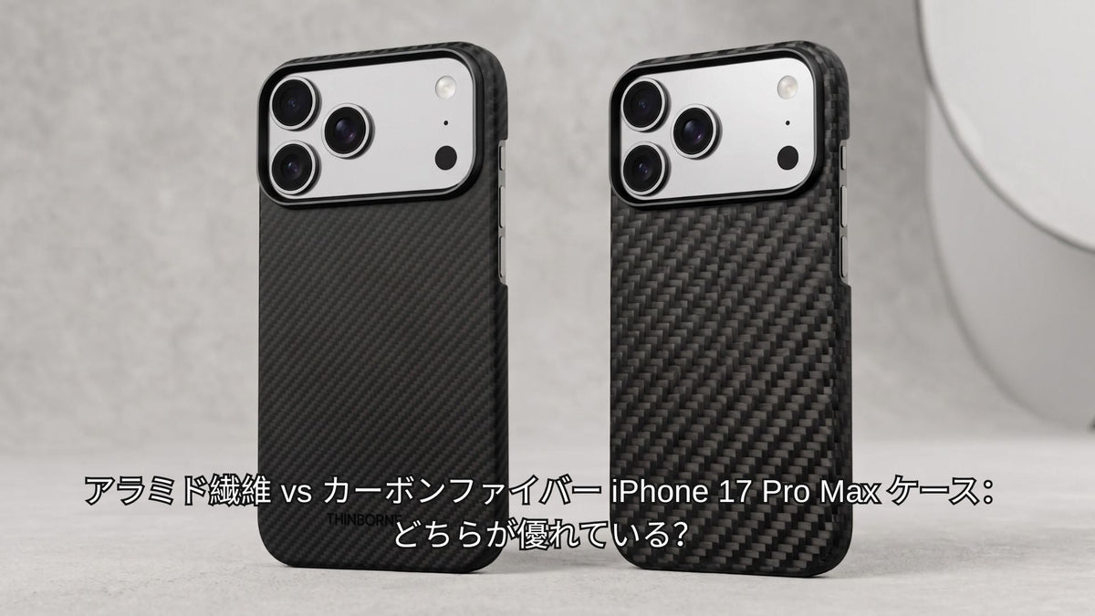 カーボンファイバーとアラミドファイバーの iPhone 17 Pro Max 用薄型ケースを並べて比較