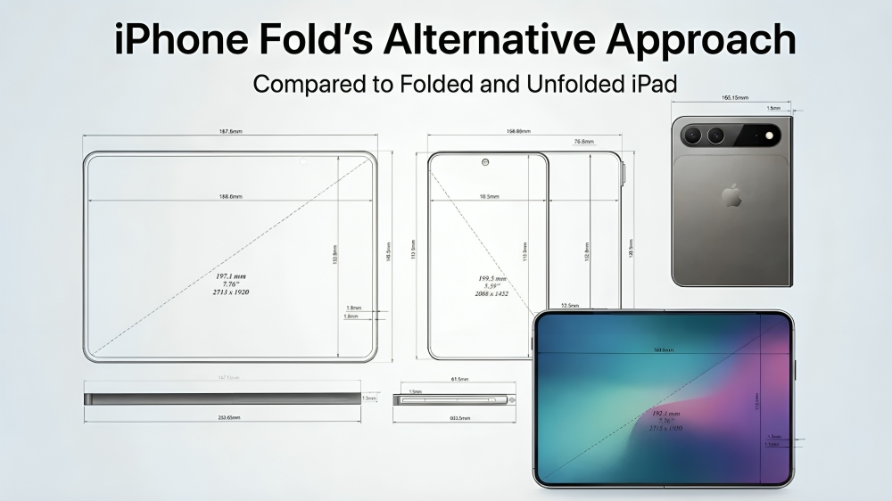 iPhone Foldの設計図とiPadとのサイズ比較図