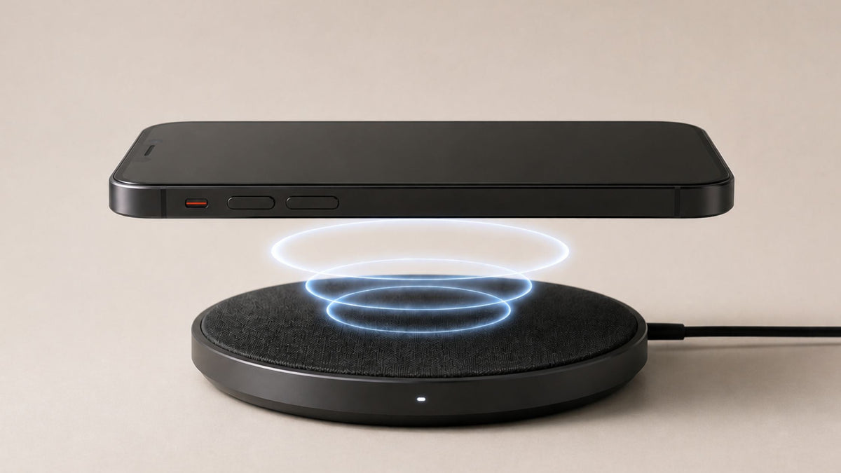 磁界を間に挟んでワイヤレス充電器の上に浮かぶスマートフォン 