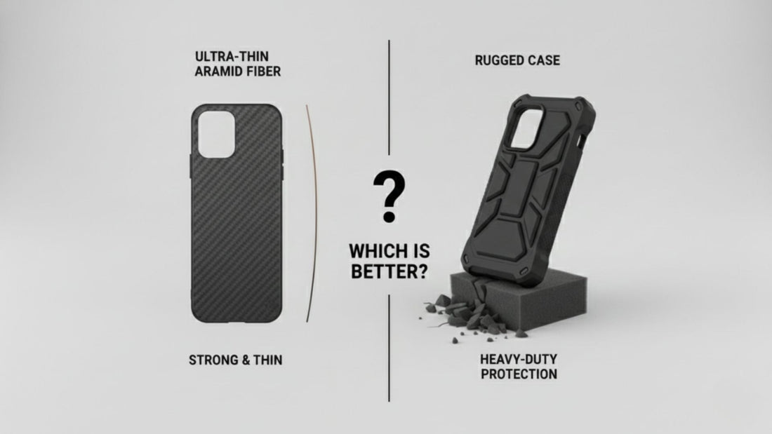 超薄型アラミドファイバー製スマホケースと、重厚な耐衝撃ラギッドケースを並べて比較したイメージ