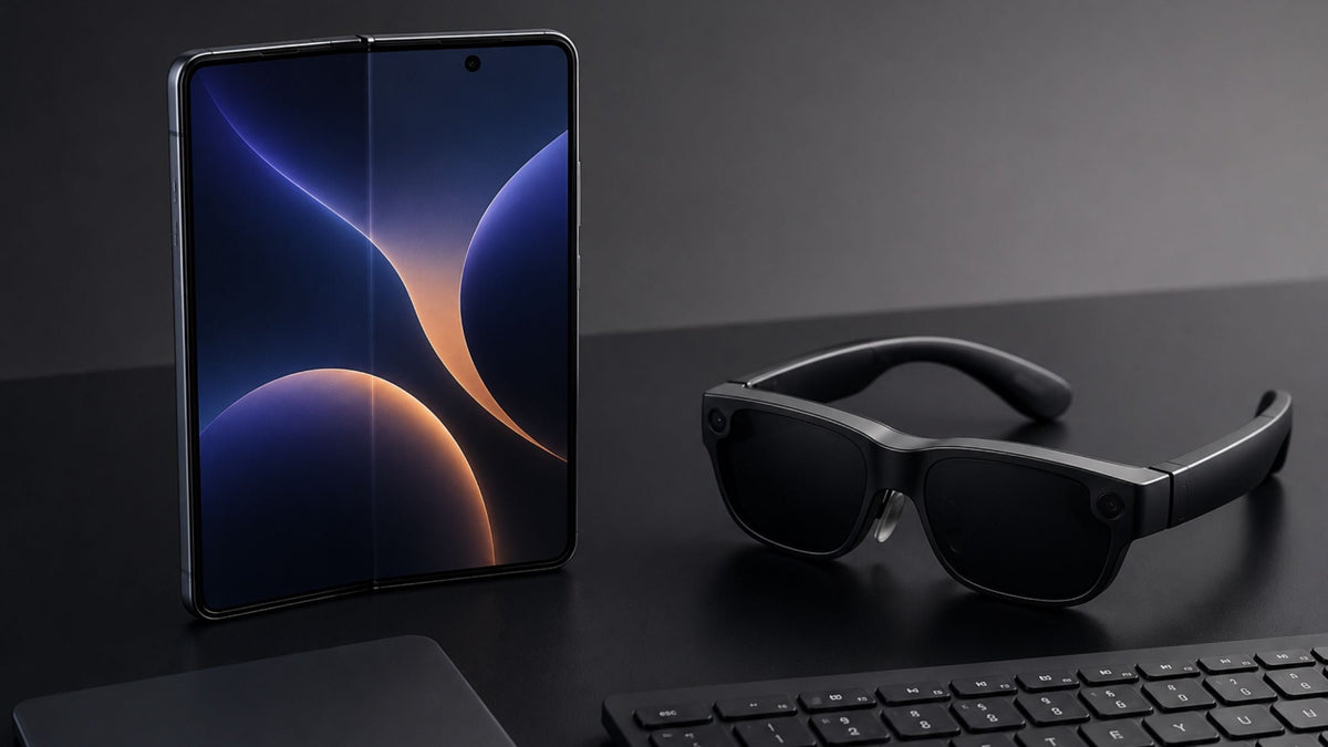 Motorola Razr Fold 2026 beside smart glasses and keyboard