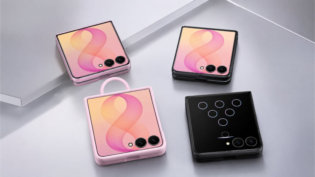 4 Galaxy Z Flip 8 in official Samsung cases lying side by side on gray surface