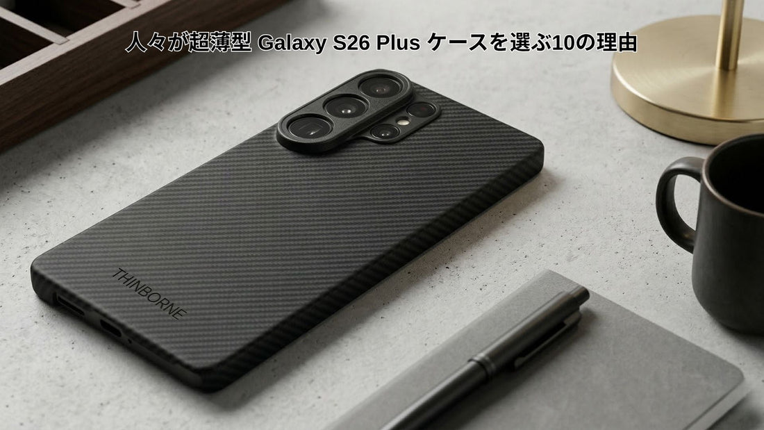 作業デスクの上に置かれたThinBorne Galaxy S26 Ultraケース