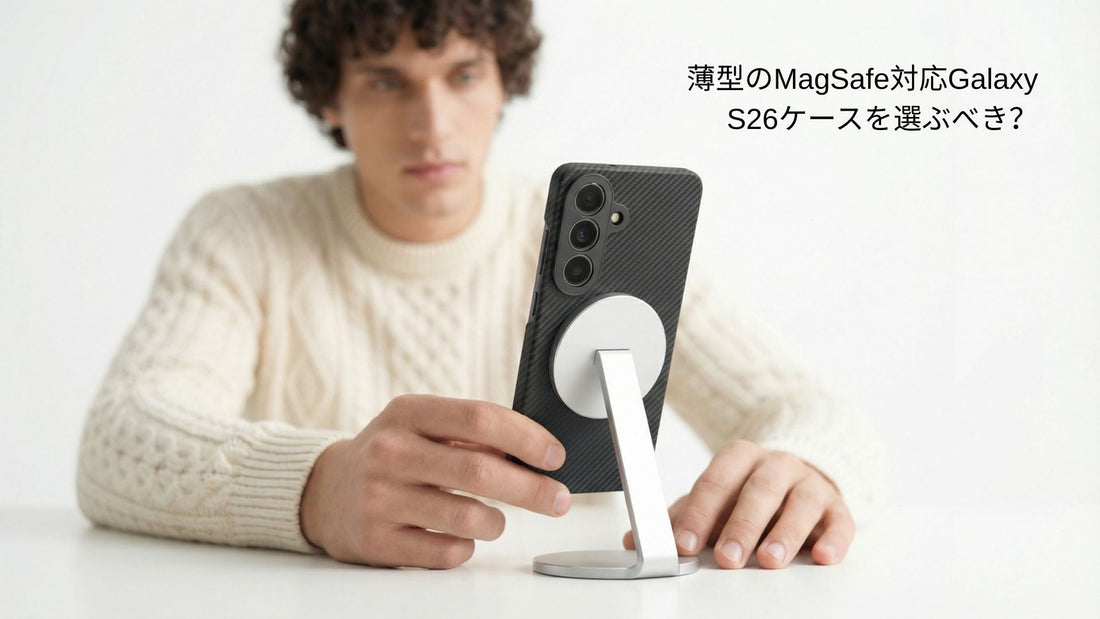 白いセーターを着た男性とThinBorne Galaxy S26ケース