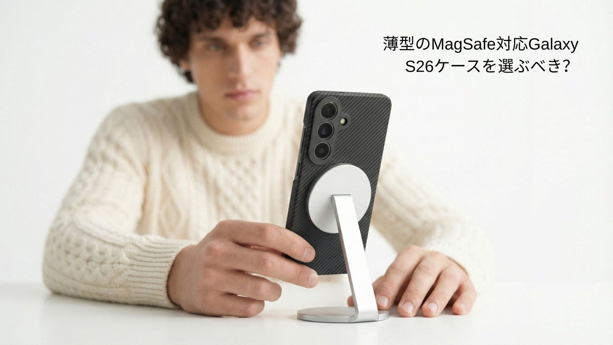 白いセーターを着た男性とThinBorne Galaxy S26ケース