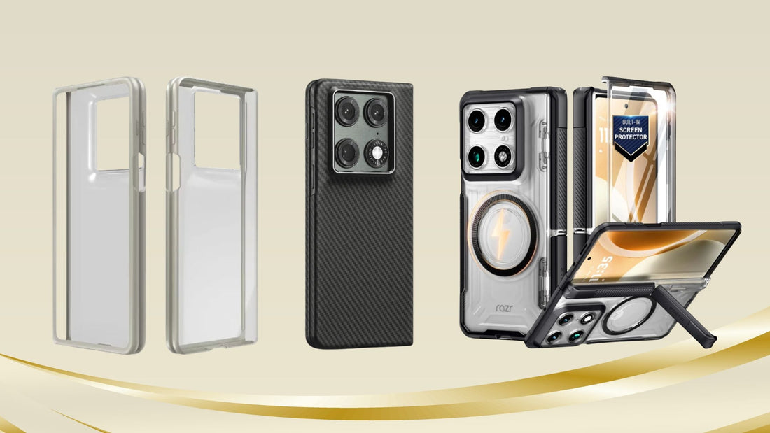 公式ケース、Thinborneケース、Poeticケースを並べたMotorola Foldケース