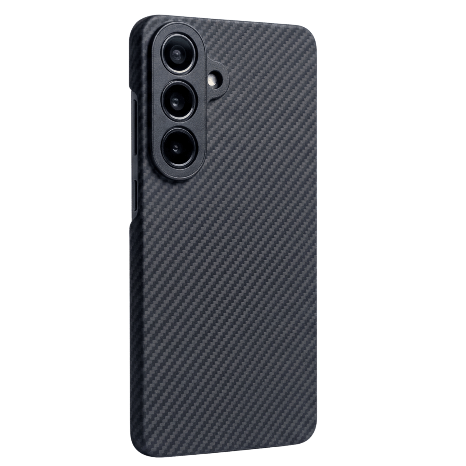 斜め後ろから見たGalaxy S26 超薄型ケース。スマートフォンの側面のボタン類を覆わない、スリムなオープン設計。
