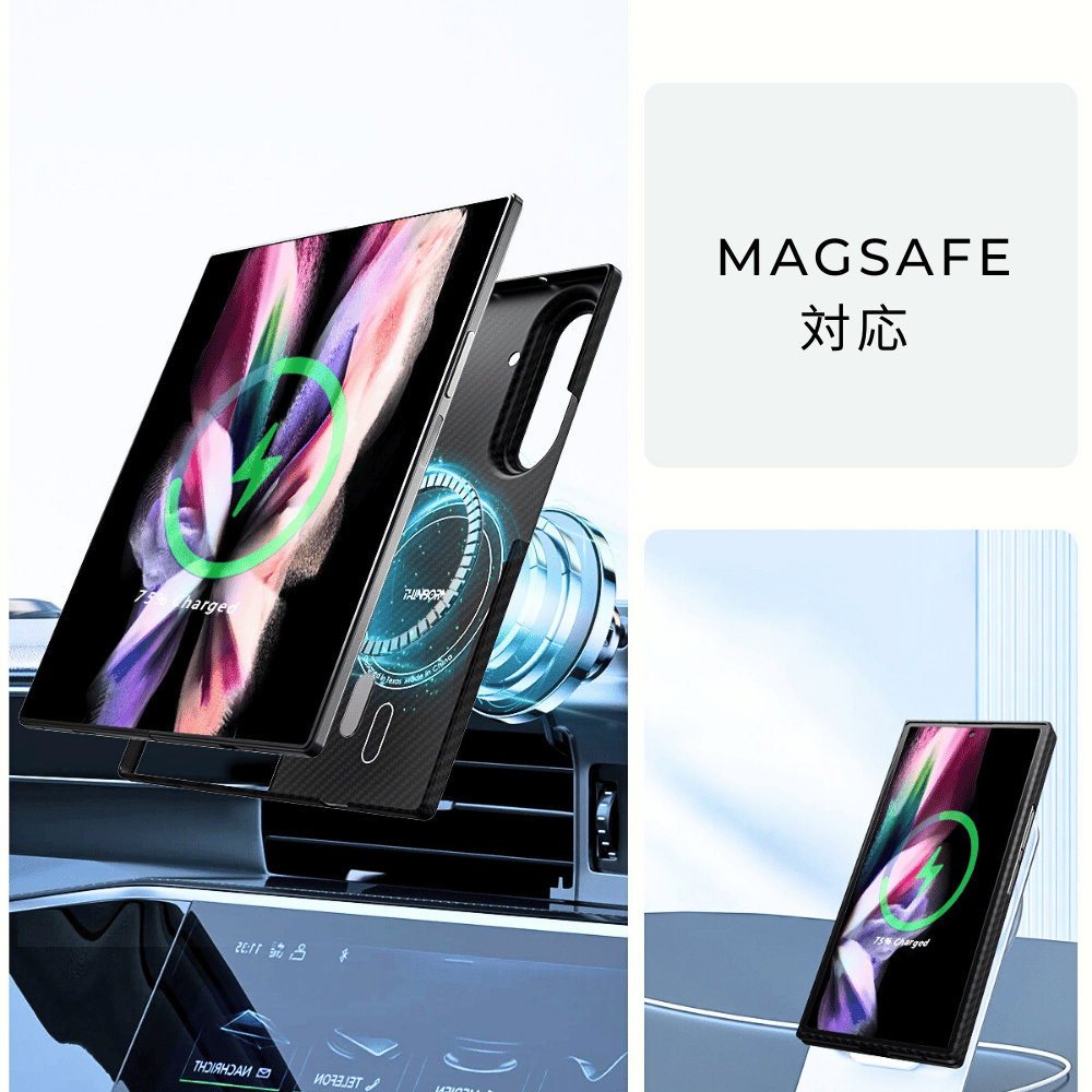 MagSafe対応の Galaxy Z Fold 7 ケース。車載ホルダーやスタンドに磁石で固定し、ワイヤレス充電をしている使用シーン。