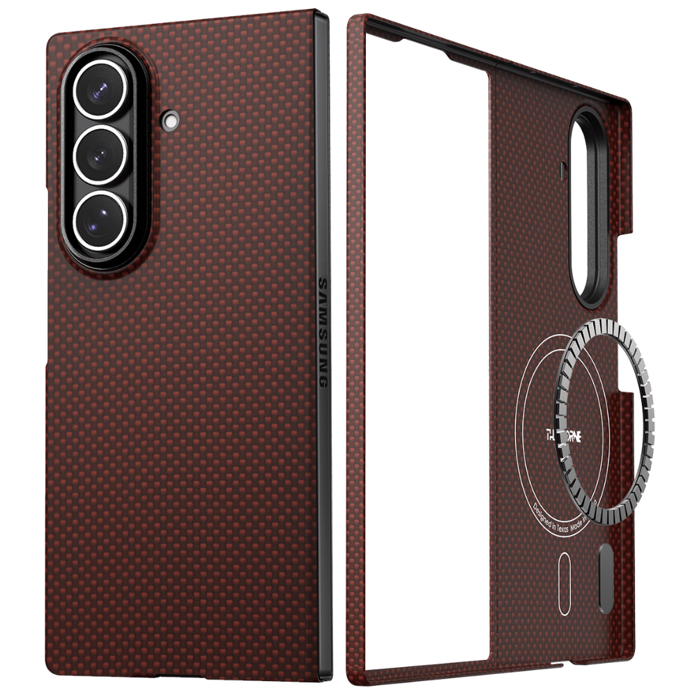 代替テキスト: マグネットリングを内蔵した赤のカーボン調 Galaxy Z Fold 7 ケース。背面と内側の構造を示す分解図。