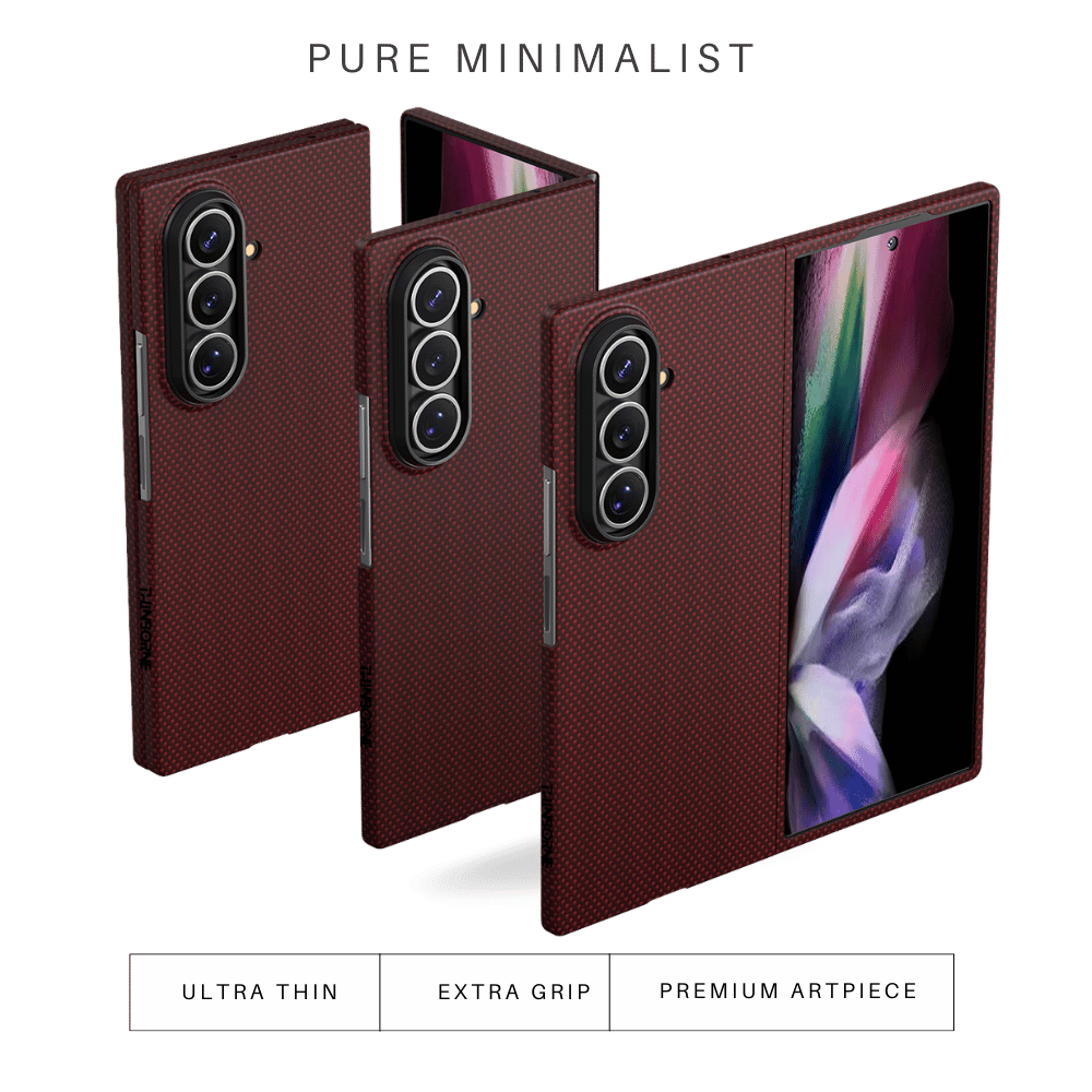 代替テキスト: 折りたたみ時の厚みを抑えた超薄型 Galaxy Z Fold 7 ケース（レッド）。展開・収納時のスタイル一覧。
