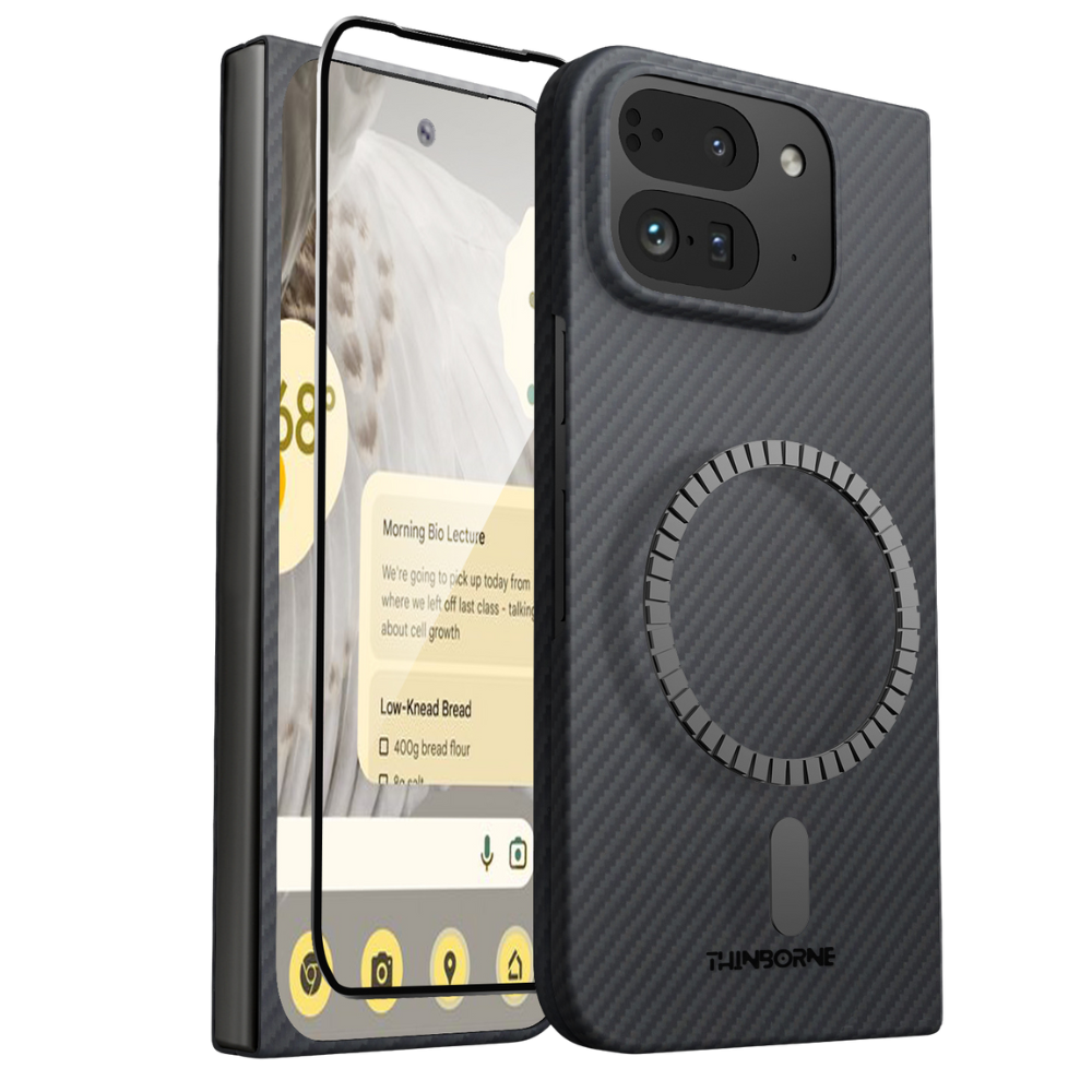 Pixel 10 Pro Fold用ケースの前面と背面を示した画像。MagSafe対応の大きな円形マグネットリングが特徴的です。
