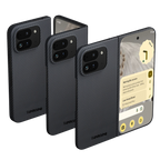 Pixel 10 Pro Fold用の超薄型ケースを、開いた状態と閉じた状態の両方で示し、そのスリムな形状をアピールする3つのアングルからの写真。