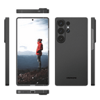 Samsung Galaxy S25 Ultra ケースを様々な角度から写した画像。薄さを強調し、スマホ本体のデザインを損なわないことを示しています。