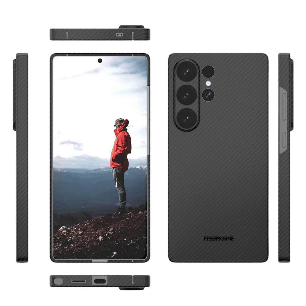 Samsung Galaxy S25 Ultra ケースを様々な角度から写した画像。薄さを強調し、スマホ本体のデザインを損なわないことを示しています。