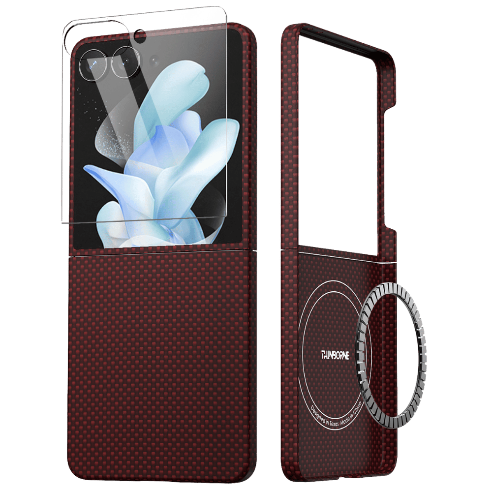 深紅のSamsung Galaxy Z Flip 7 アラミド繊維ケースの製品構成。ケース本体に加えて画面保護ガラスフィルムが含まれており、ケース内側にはMagSafe用のマグネットリングが内蔵されている様子が描かれています。
