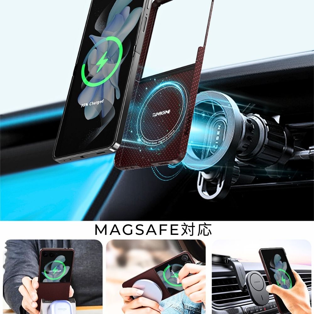 深紅のSamsung Galaxy Z Flip 7 アラミド繊維ケースのMagSafe対応を示すコラージュ画像。磁気車載マウントへの吸着や、ワイヤレス充電器、モバイルバッテリーとの併用シーンを紹介しています。
