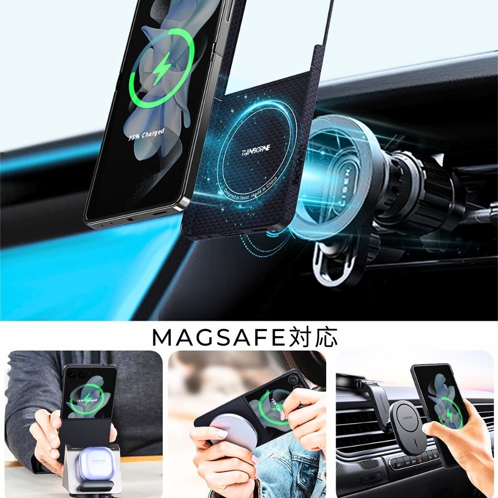 Samsung Galaxy Z Flip 7 対応のThinborneネイビーカーボンケース。MagSafe対応（MAGSAFE 対応）を強調し、車載マグネットマウント、卓上ワイヤレス充電スタンド、モバイルバッテリーとの連携シーンを詳しく紹介する製品画像。

