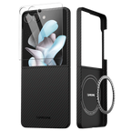 Galaxy Z Flip 7 ケースの分解図。保護ガラス、MagSafe対応リング、カメラ保護フレームが示されている。