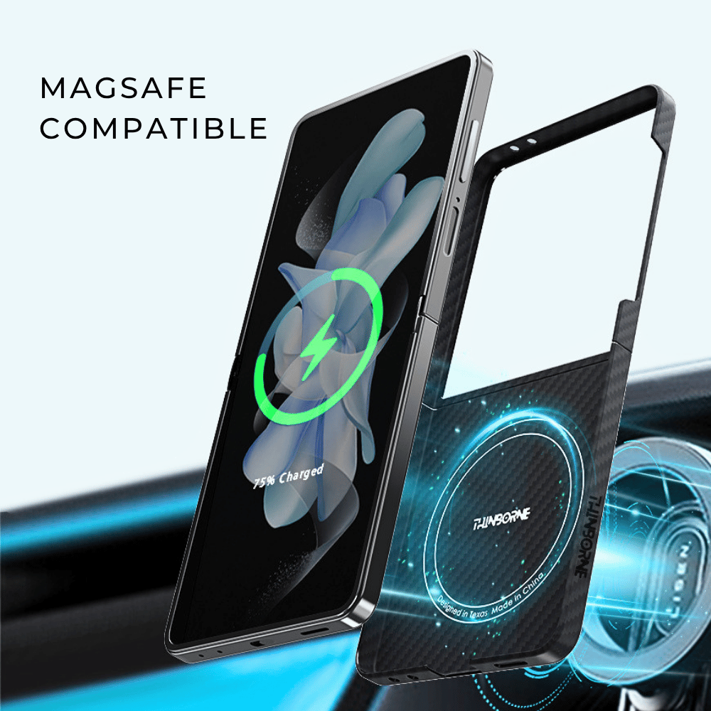MagSafe対応の磁気リングを搭載したブラックアラミド繊維Galaxy Z Flip 8用ケース。
