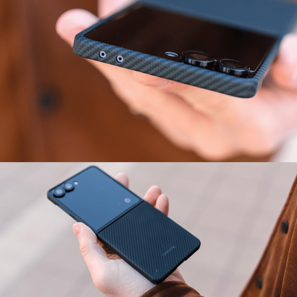 手に持ったブラックのカーボン風Galaxy Z Flip 8用ケースのクローズアップと全体像。