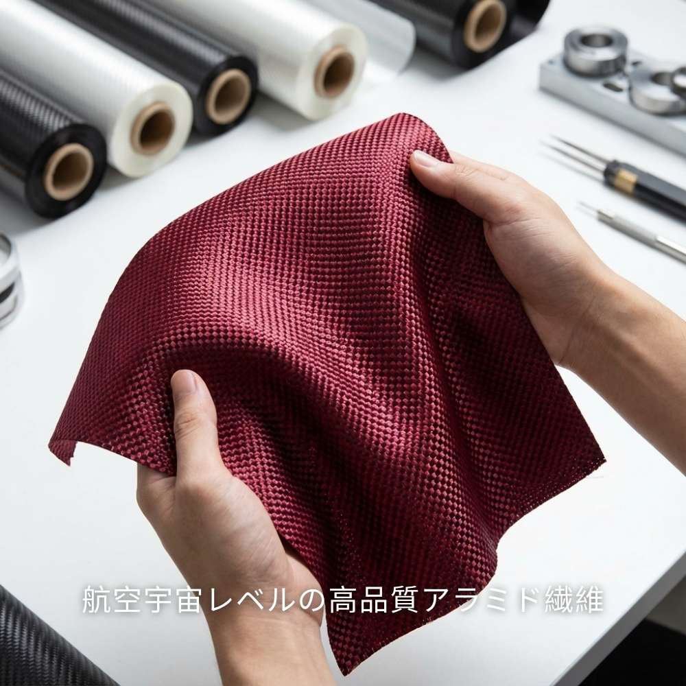 クリムゾンカラーのアラミド繊維製ケースの原材料
