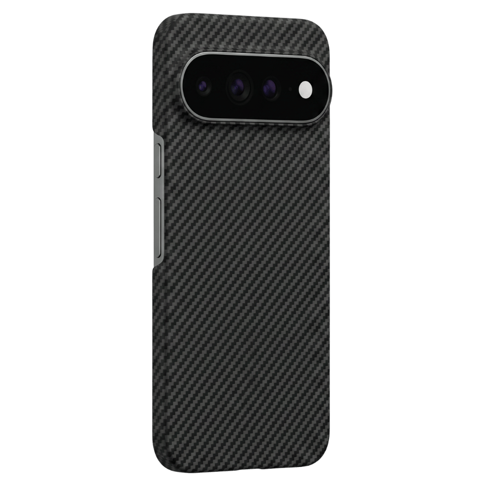 カメラバーとボタン部分を保護する Google Pixel 11 用ブラックカーボン調超薄型ケースの装着背面