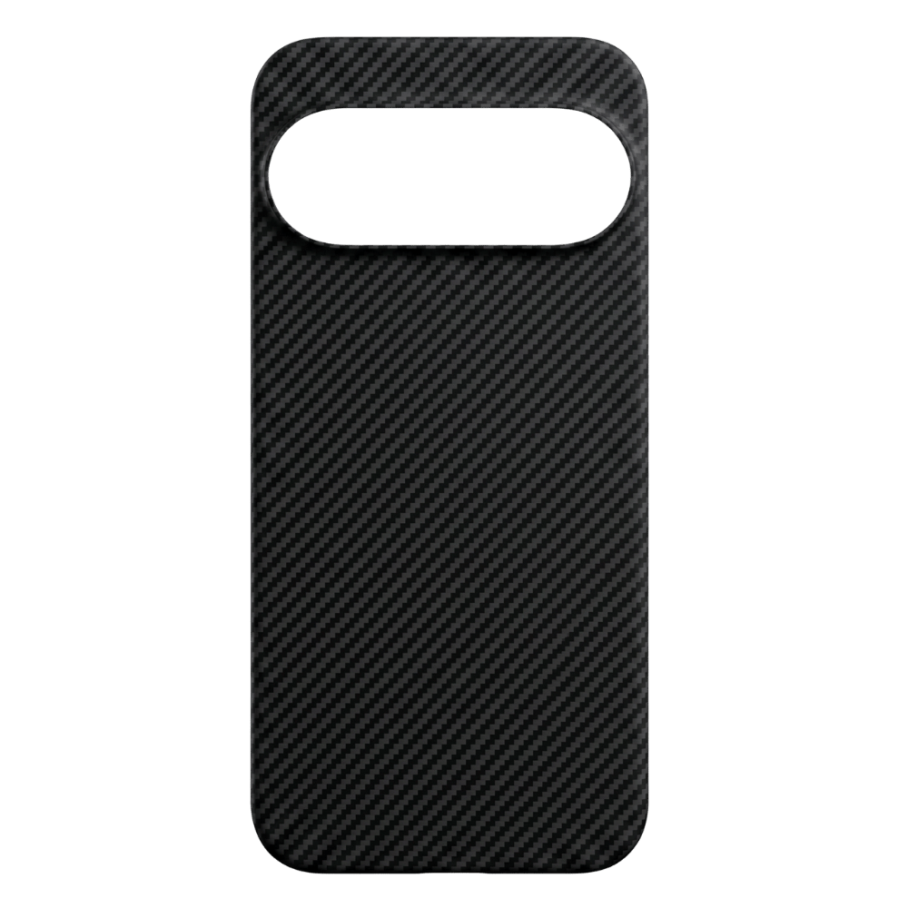 Google Pixel 11 用ブラックカーボンファイバー調ケースのカメラホール付き背面フラットショット