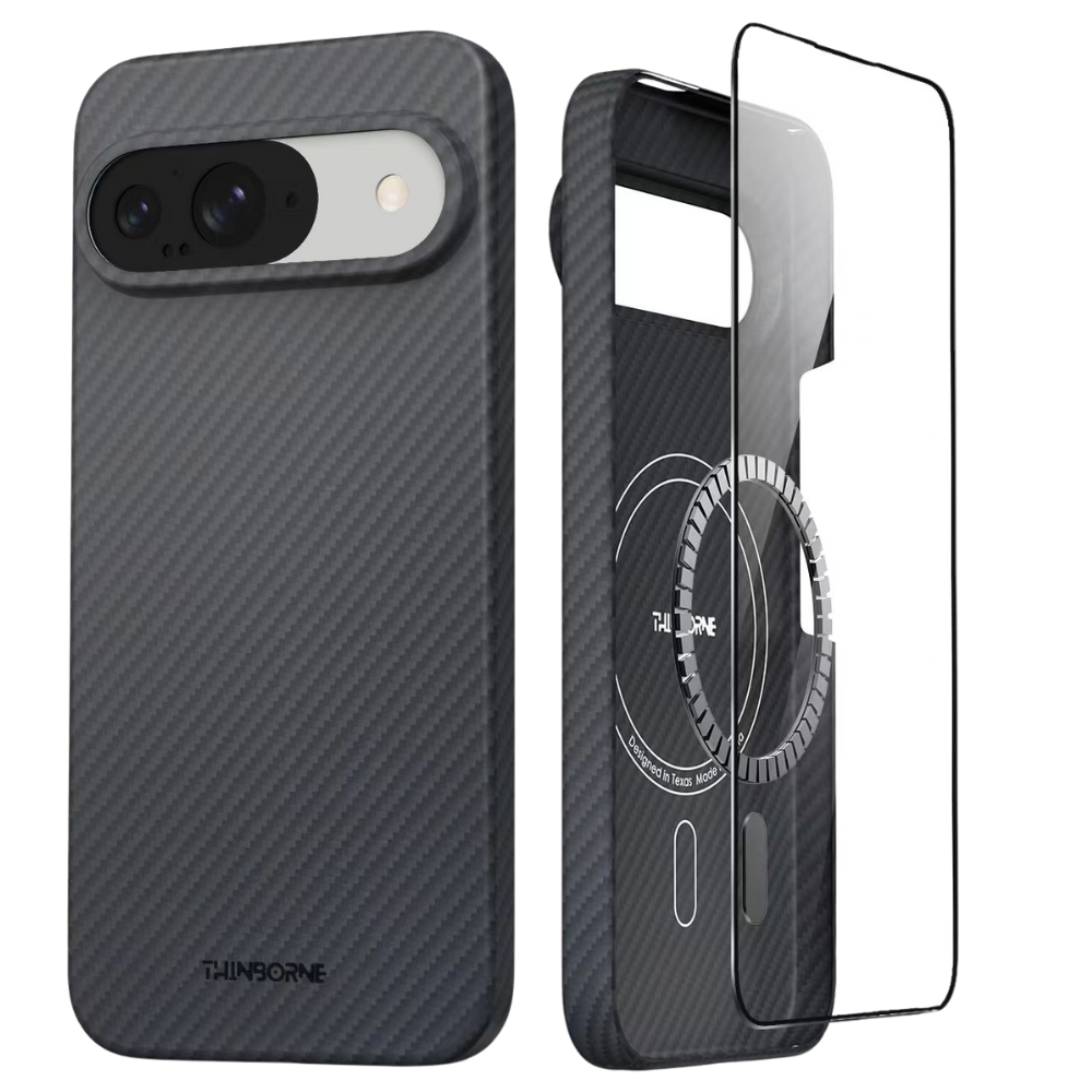 Google Pixel 10 ケースの構造を示す分解画像。ケース本体、MagSafe対応の内部パーツ、画面保護フィルムが含まれていることが分かります。