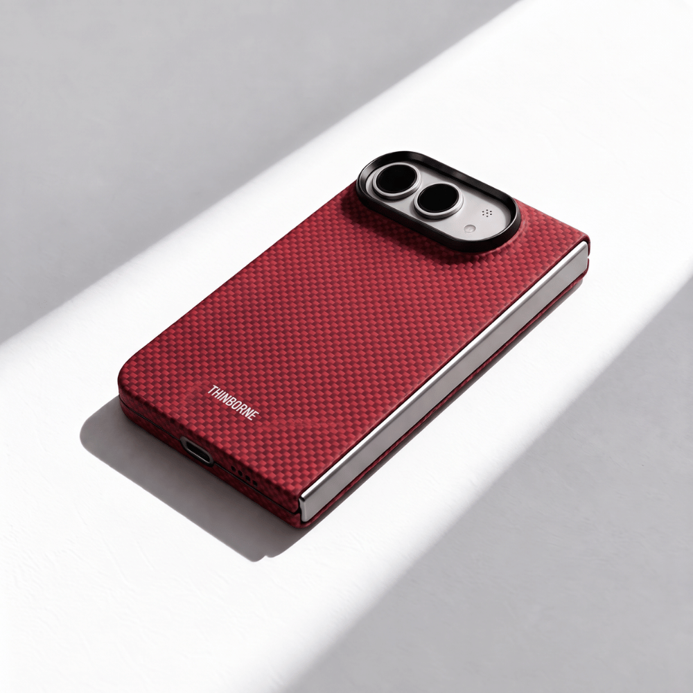 レッドのiPhone Duo ケースを装着した端末の背面とカメラ周りを上から見た画像
