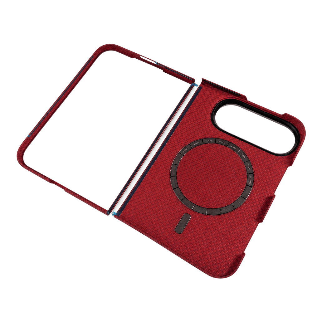 レッドのiPhone Duo ケースの内側デザイン。MagSafe対応のマグネットリングとカメラ用開口部を備えたThinborneの薄型ケース。