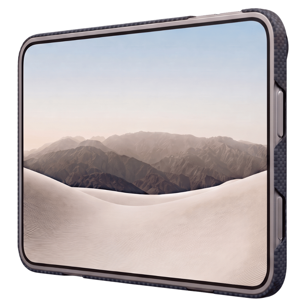 iPhone Duoケース ネイビー 装着時の画面側。ディスプレイを囲むスリムなフレームで画面をしっかり保護