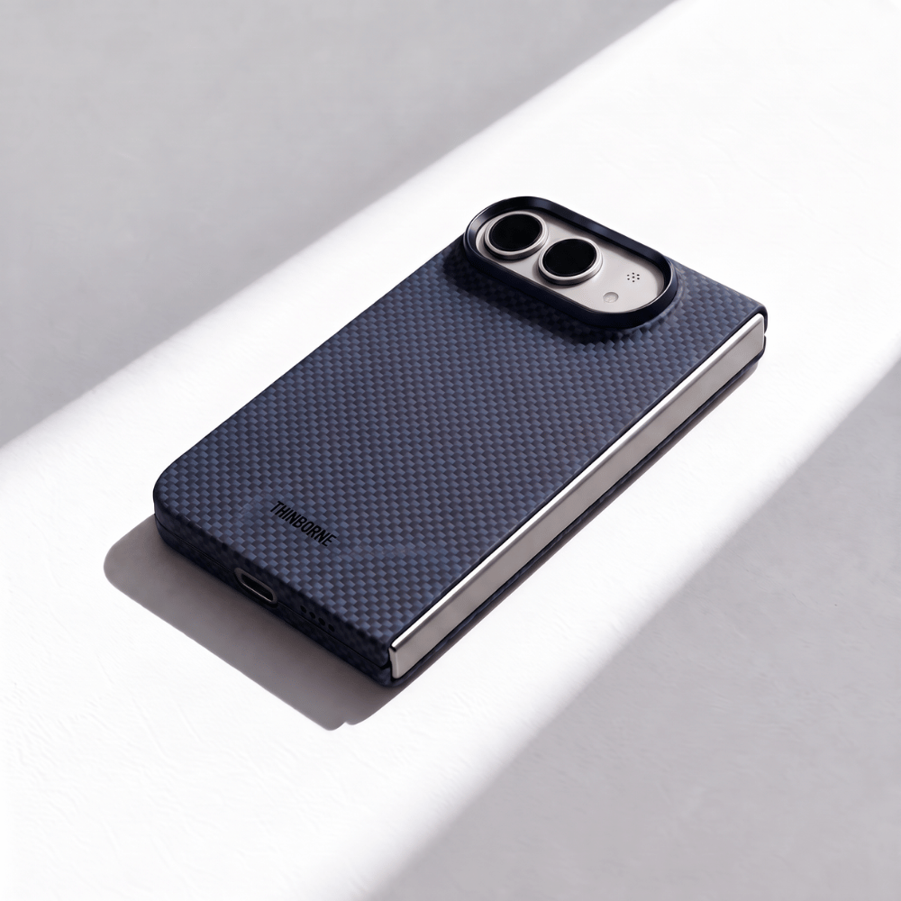 光と影が映える白い台に置いたネイビーのiPhone Duoケース。THINBORNEロゴと薄型デザイン