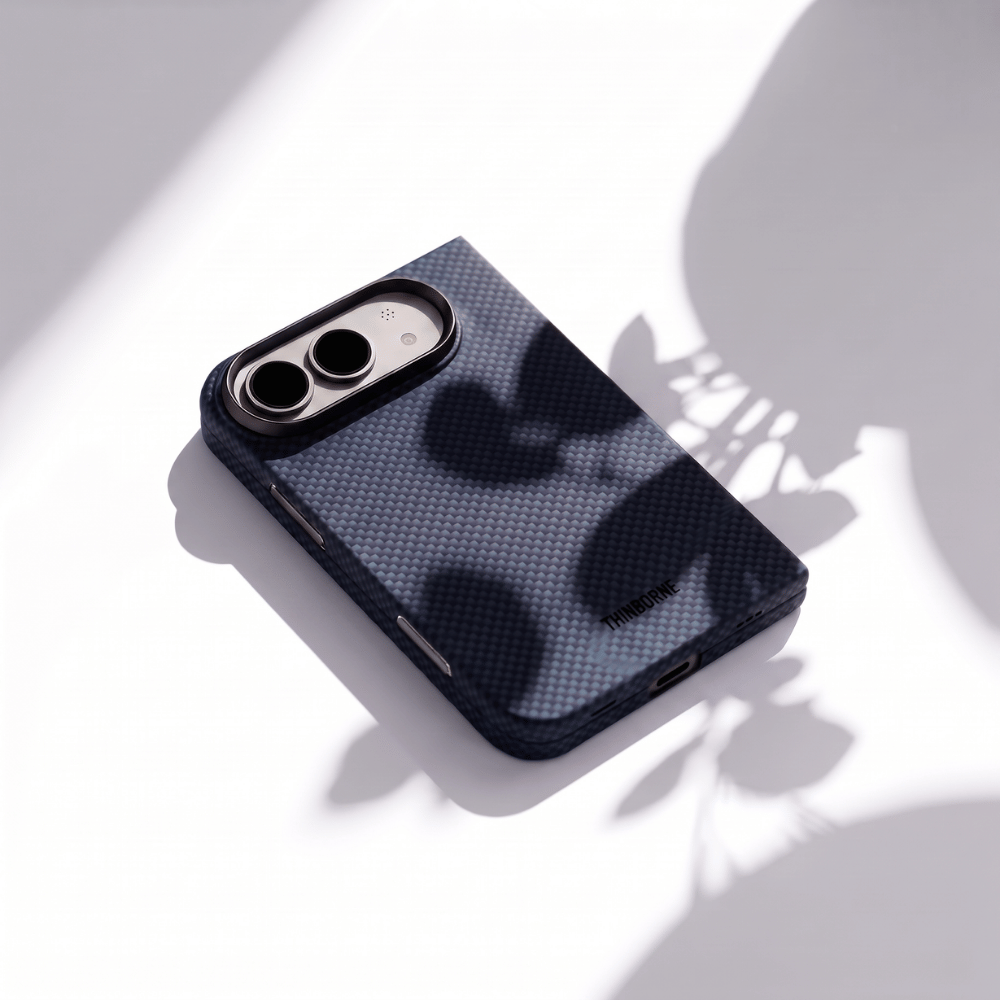 植物の影が落ちるネイビーのiPhone Duoケース。上品で洗練された質感と織り目調テクスチャ