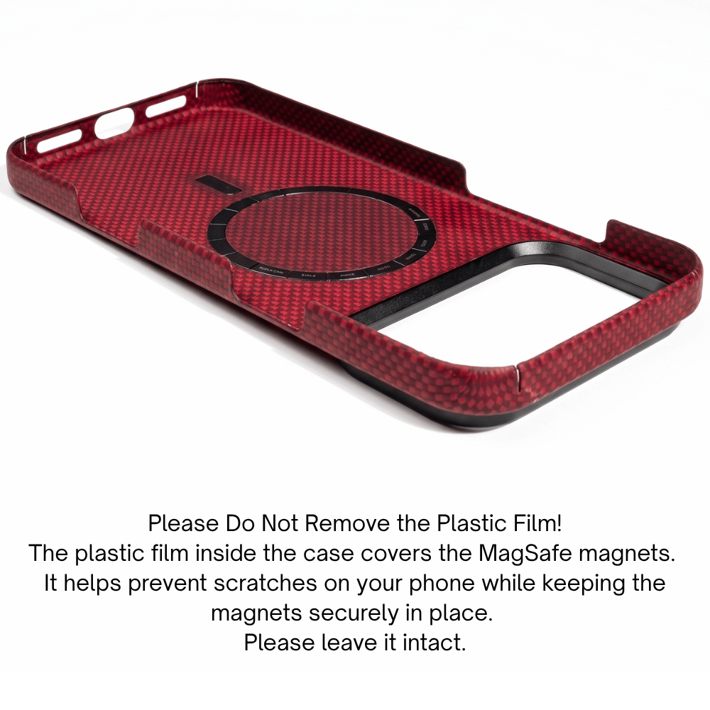 レッドのiPhone 18 Pro Max ケースの内側｜MagSafe対応マグネットリングと保護フィルム