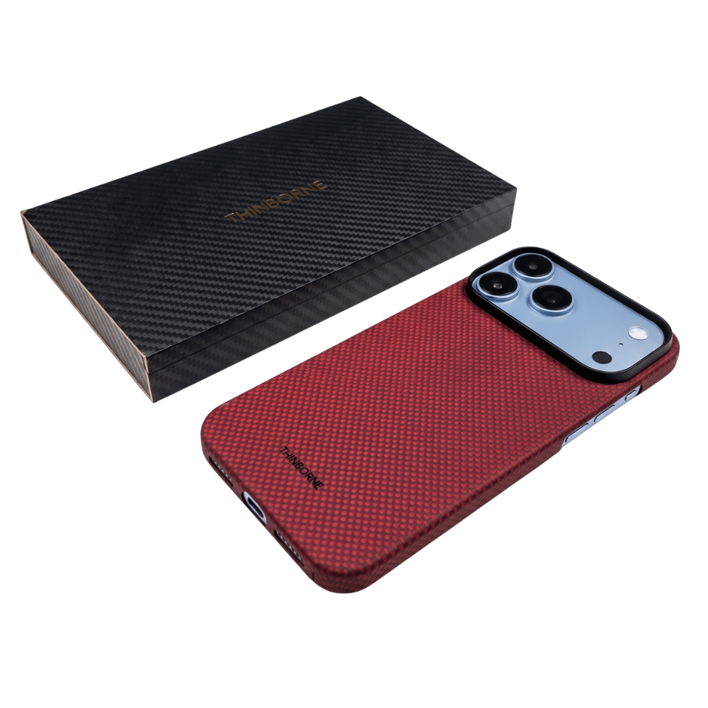 ThinborneのレッドiPhone 18 Pro Max ケース｜高級アラミド繊維の質感と専用パッケージ