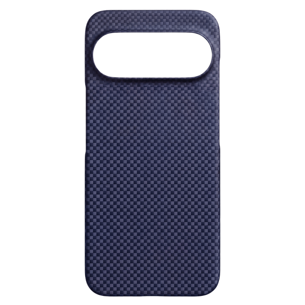Google Pixel 11 用ネイビーブルーカーボンファイバー調ケースのカメラホール付き背面フラットショット