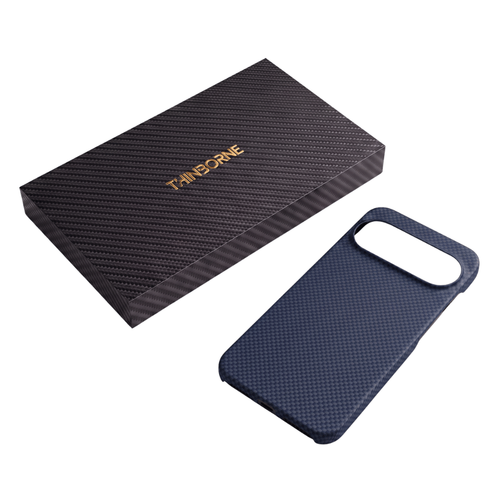 THINBORNE ロゴ入りギフトボックスと Google Pixel 11 用ネイビーブルーアラミド繊維製スリムケース