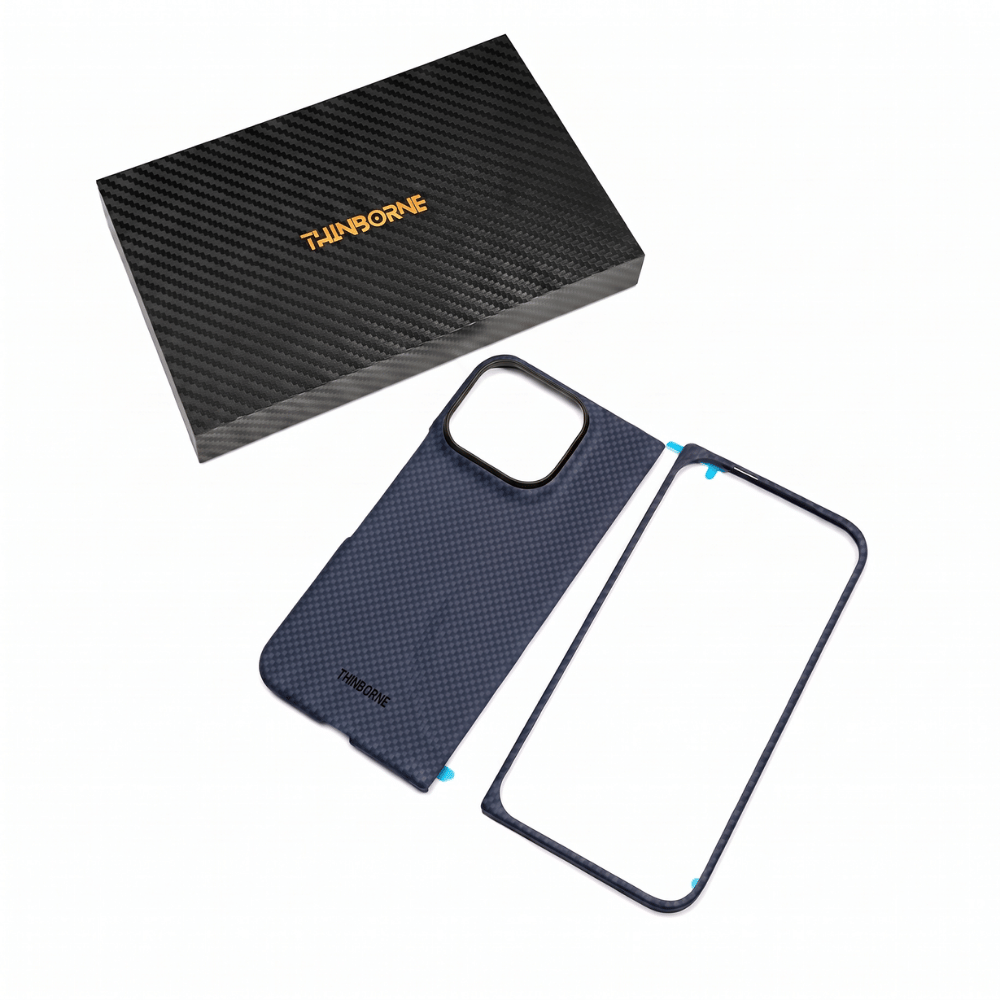 THINBORNE 公式ボックスと Google Pixel 11 Pro Fold 用ネイビーブルーアラミド繊維製2ピース型超薄型ケースセット