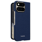 ヒンジ部とボタン周りを保護する Google Pixel 11 Pro Fold 用ネイビーブルーアラミド繊維製スリムケースの背面斜めアングル