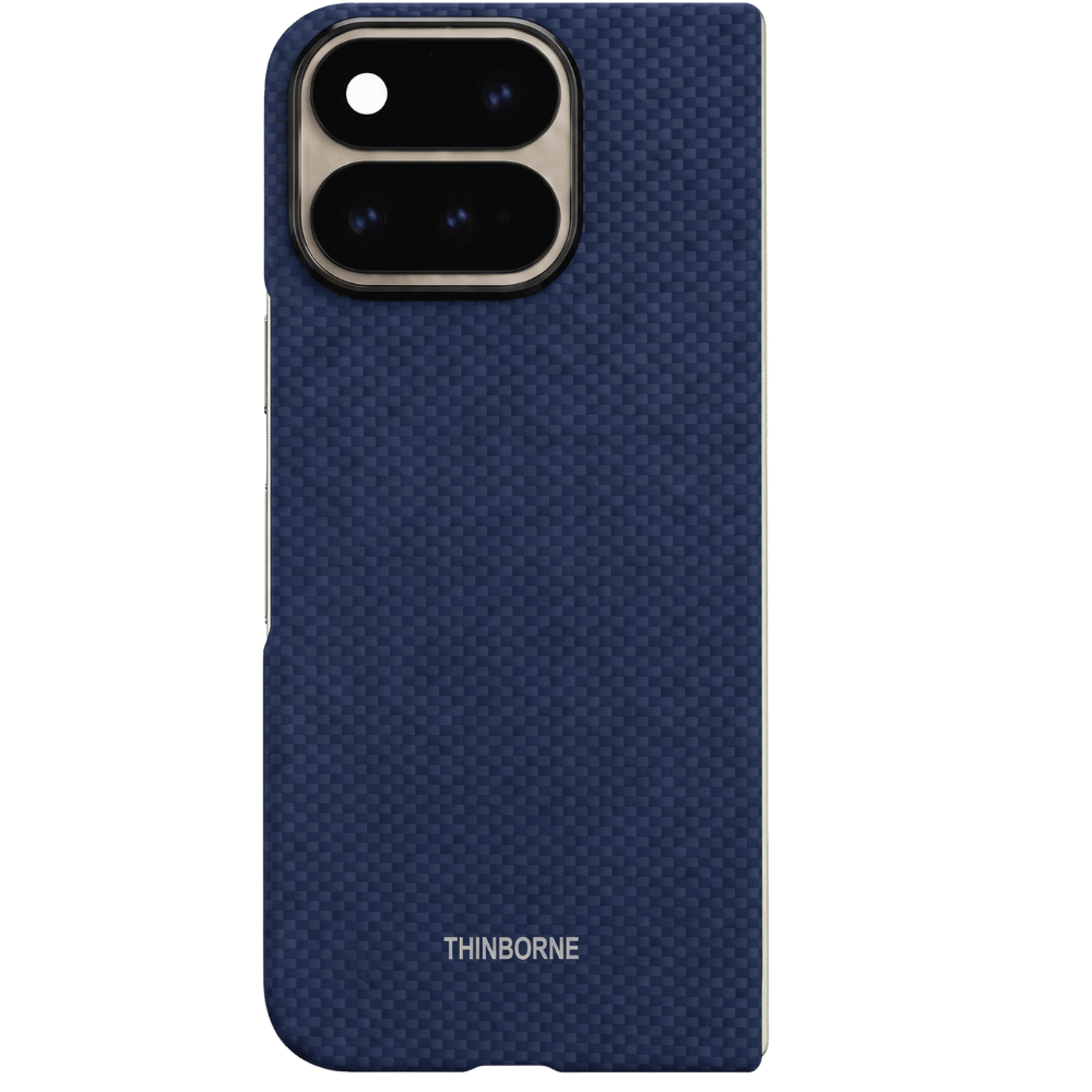 THINBORNE ロゴとカメラレンズ部分が開口された Google Pixel 11 Pro Fold 用ネイビーブルーカーボン調ケースの背面
