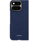 THINBORNE ロゴとカメラレンズ部分が開口された Google Pixel 11 Pro Fold 用ネイビーブルーカーボン調ケースの背面
