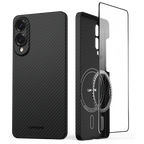 Galaxy S25 Edgeケースの前面・背面ビュー（スクリーンプロテクター付き、MagSafe対応デザイン）
